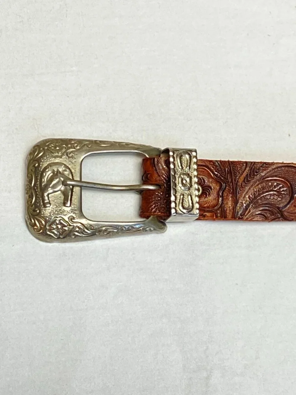 C&ck Tooled Leather Ornate Silver Tone Buckle Narrow Belt Brown Cowgirl Western